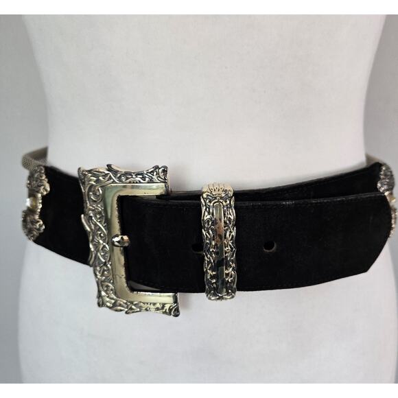 Vtg 80s Glam Statement Cache Black Suede Metal Mesh Wide Embellished Buckle Belt - Picture 1 of 13